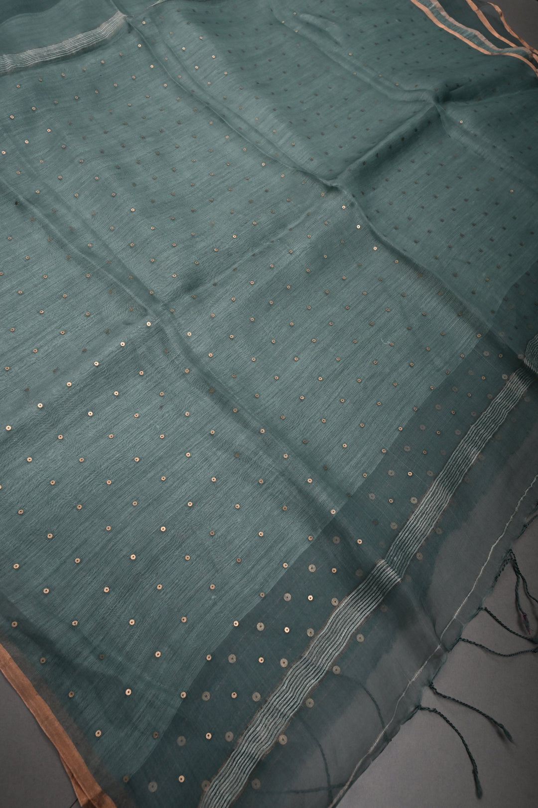 Dusty Sage Green Muslin Silk Saree with Pocket Sequins and Matka Pallu | SILK MARK CERTIFIED | SHOBITAM