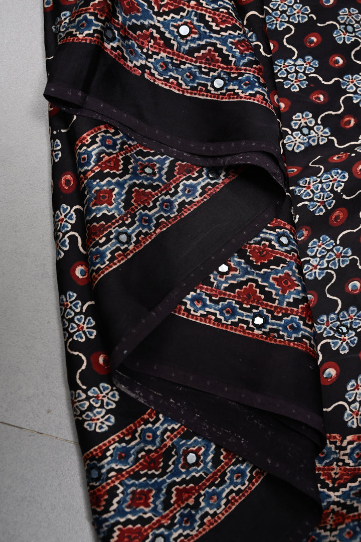 Tikki Work on Ajrakh Handcrafted  Saree in Black Modal Silk| SHOBITAM