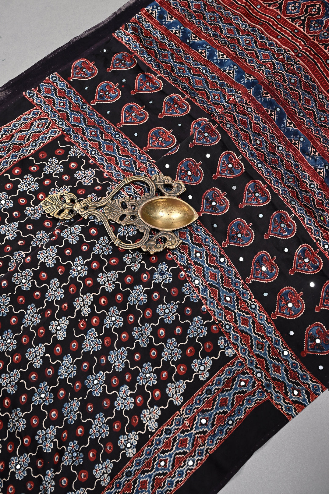 Tikki Work on Ajrakh Handcrafted  Saree in Black Modal Silk| SHOBITAM