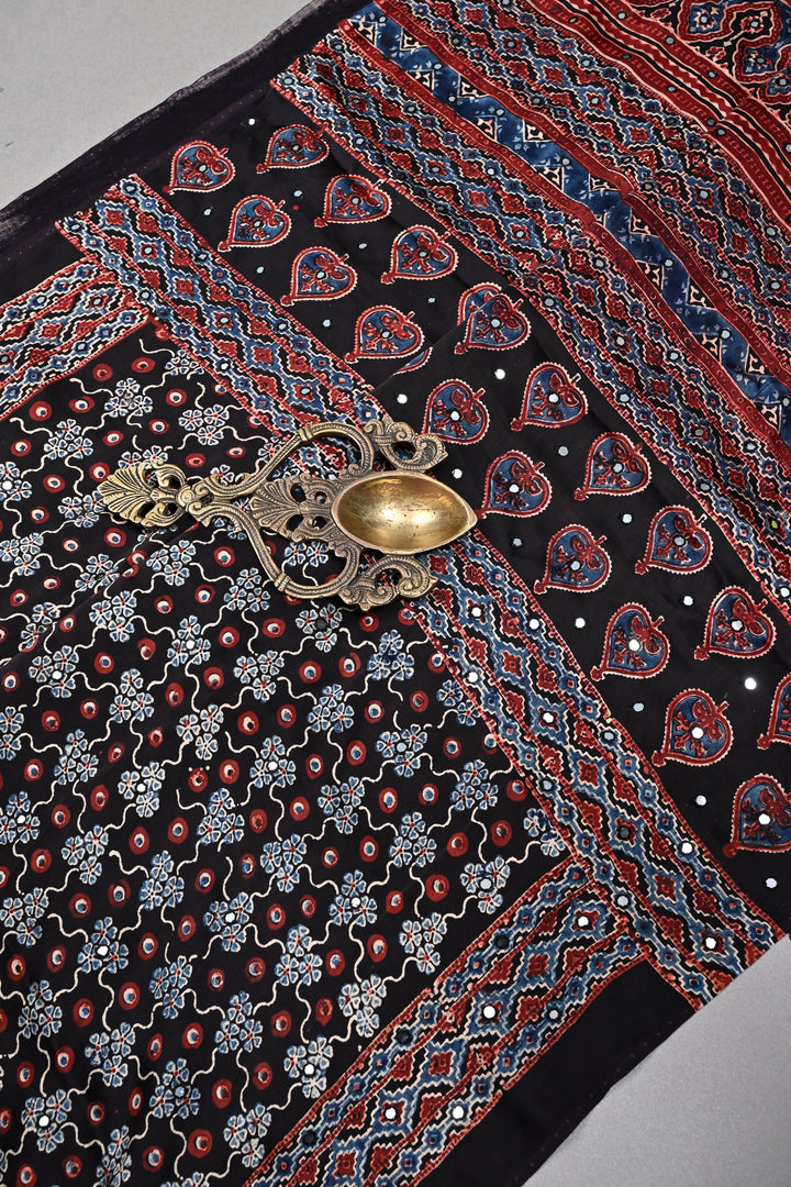 Tikki Work on Ajrakh Handcrafted  Saree in Black Modal Silk| SHOBITAM