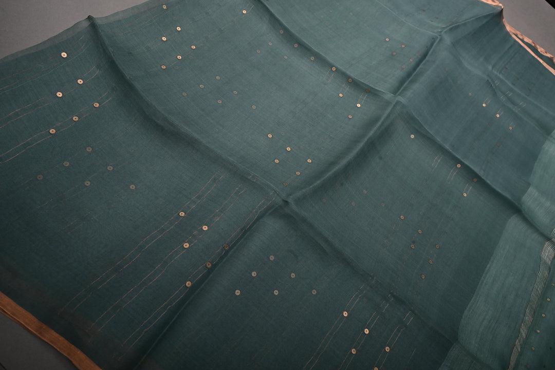 Dusty Sage Green Muslin Silk Saree with Pocket Sequins and Matka Pallu | SILK MARK CERTIFIED | SHOBITAM