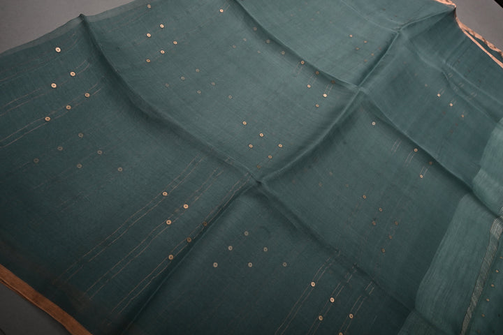 Dusty Sage Green Muslin Silk Saree with Pocket Sequins and Matka Pallu | SILK MARK CERTIFIED | SHOBITAM