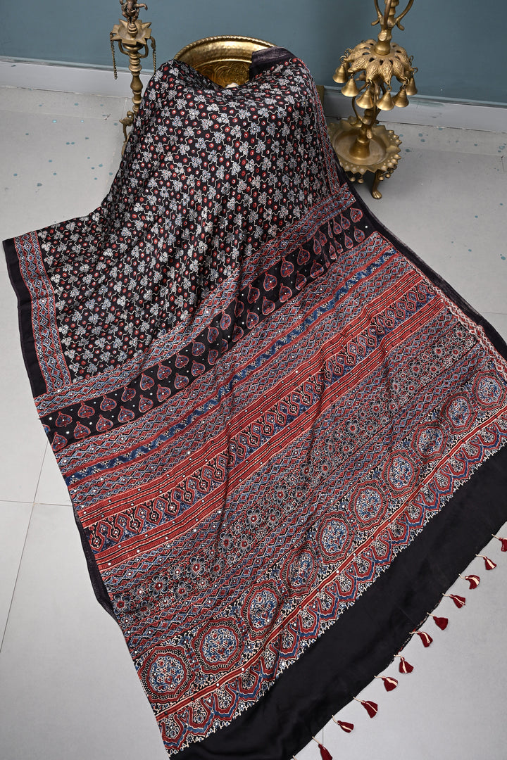 Tikki Work on Ajrakh Handcrafted  Saree in Black Modal Silk| SHOBITAM