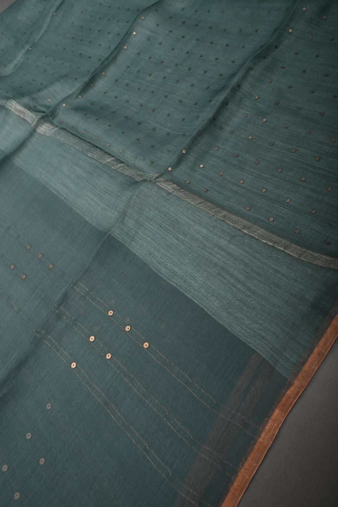 Dusty Sage Green Muslin Silk Saree with Pocket Sequins and Matka Pallu | SILK MARK CERTIFIED | SHOBITAM