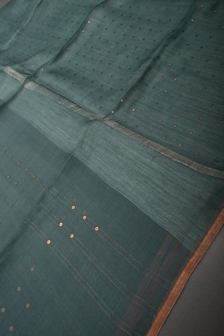 Dusty Sage Green Muslin Silk Saree with Pocket Sequins and Matka Pallu | SILK MARK CERTIFIED | SHOBITAM