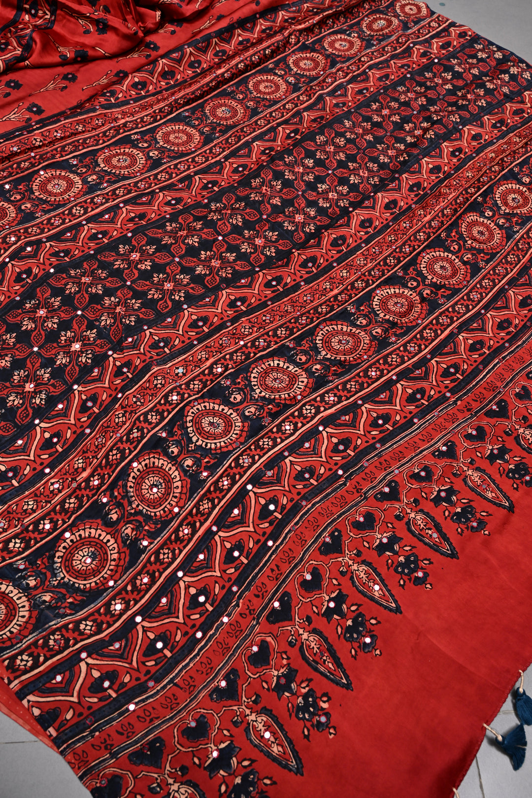Blood Red Authentic Hand Block Print on Modal Silk Saree with Hand Embellished Tikki work and Border | SHOBITAM