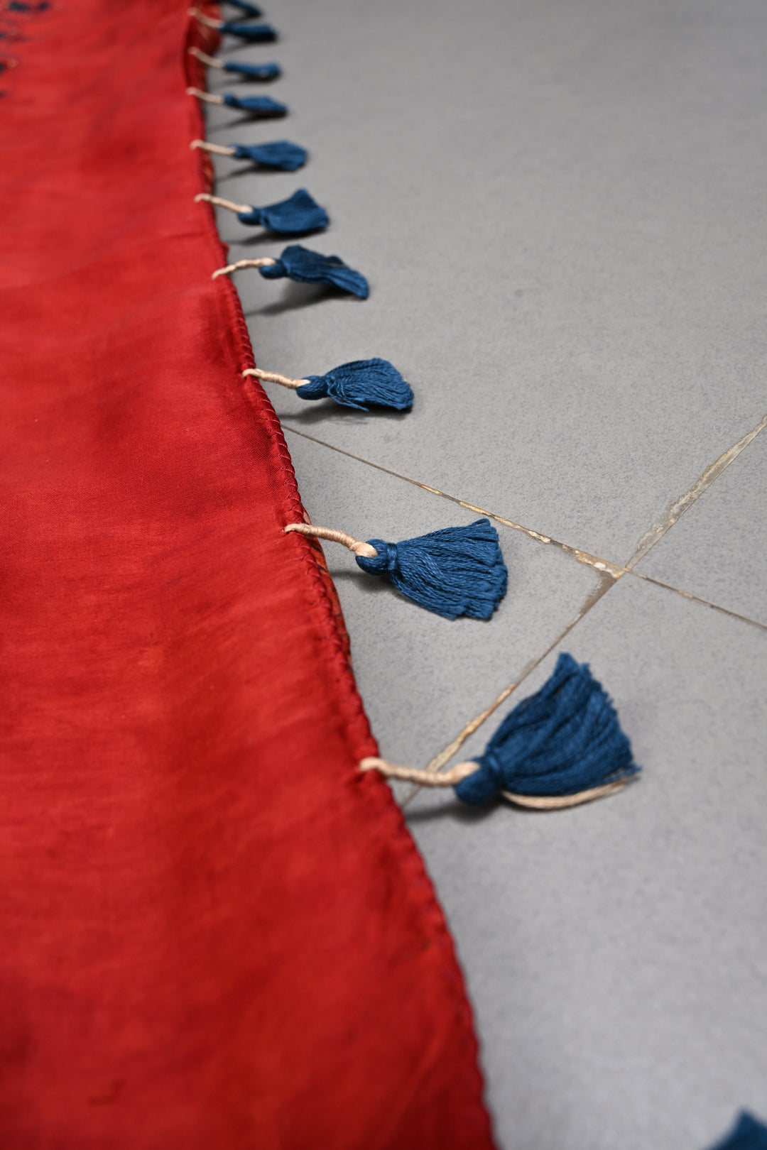 Blood Red Authentic Hand Block Print on Modal Silk Saree with Hand Embellished Tikki work and Border | SHOBITAM