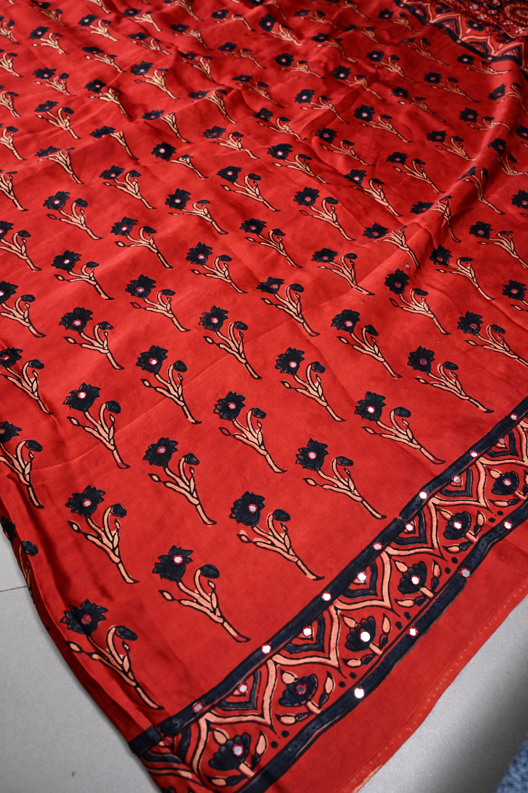 Blood Red Authentic Hand Block Print on Modal Silk Saree with Hand Embellished Tikki work and Border | SHOBITAM