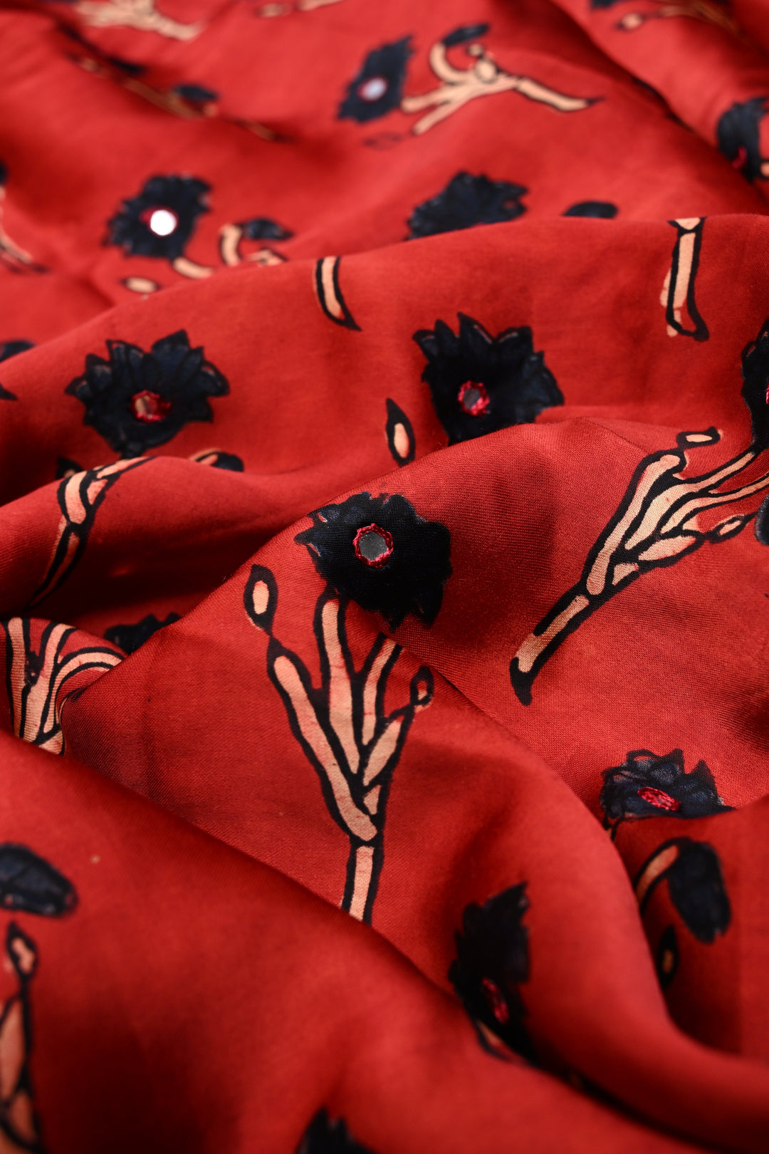 Blood Red Authentic Hand Block Print on Modal Silk Saree with Hand Embellished Tikki work and Border | SHOBITAM