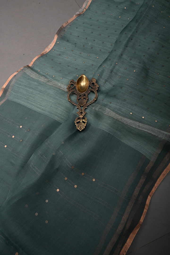 Dusty Sage Green Muslin Silk Saree with Pocket Sequins and Matka Pallu | SILK MARK CERTIFIED | SHOBITAM