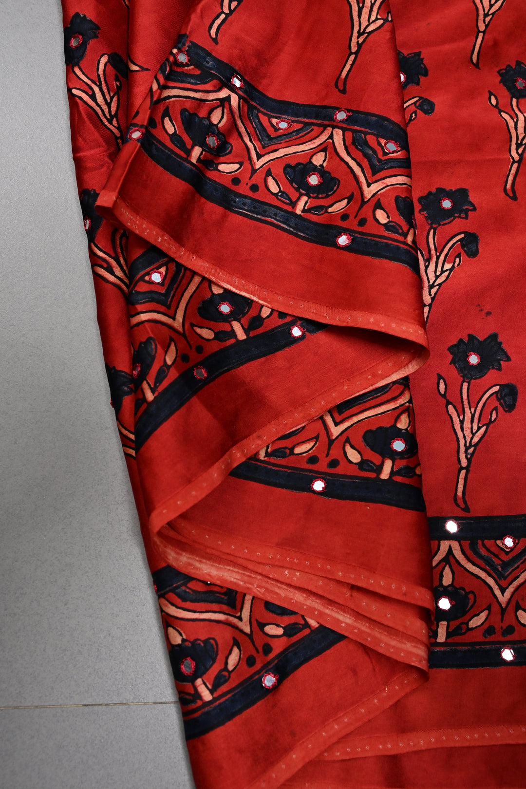 Blood Red Authentic Hand Block Print on Modal Silk Saree with Hand Embellished Tikki work and Border | SHOBITAM