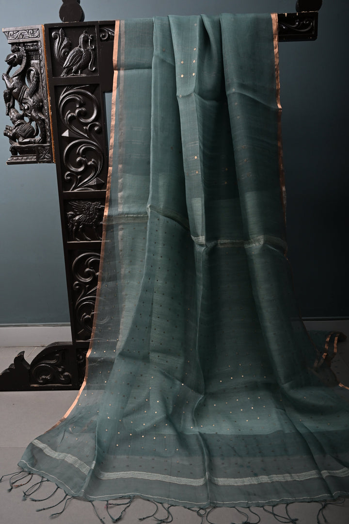 Dusty Sage Green Muslin Silk Saree with Pocket Sequins and Matka Pallu | SILK MARK CERTIFIED | SHOBITAM