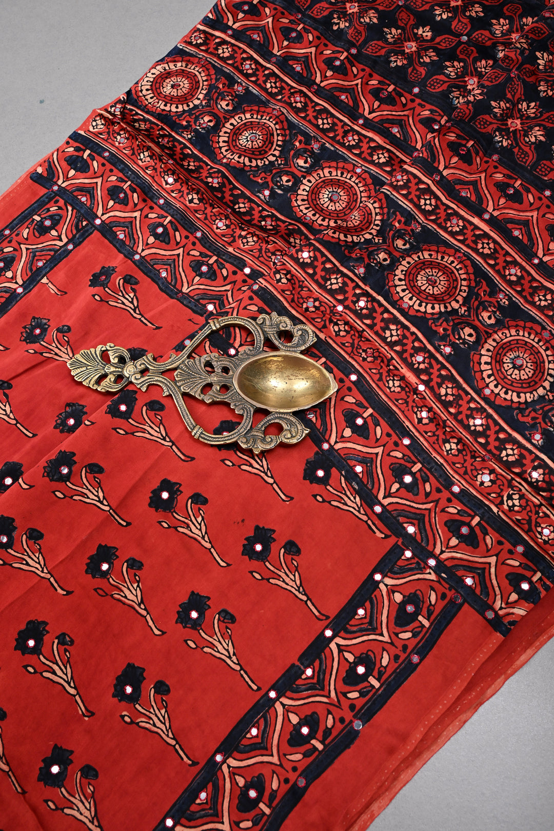 Blood Red Authentic Hand Block Print on Modal Silk Saree with Hand Embellished Tikki work and Border | SHOBITAM