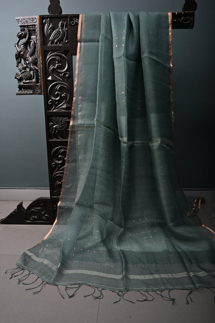 Dusty Sage Green Muslin Silk Saree with Pocket Sequins and Matka Pallu | SILK MARK CERTIFIED | SHOBITAM