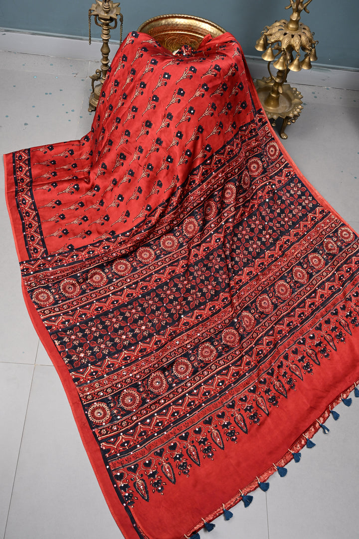Blood Red Authentic Hand Block Print on Modal Silk Saree with Hand Embellished Tikki work and Border | SHOBITAM