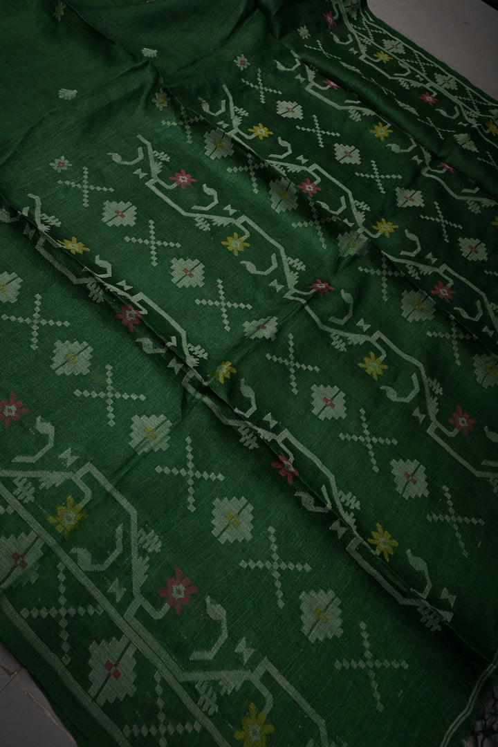 Bottle Green Tussar Silk Saree with Jamdani Weave Buttas and Border  | SILK MARK CERTIFIED