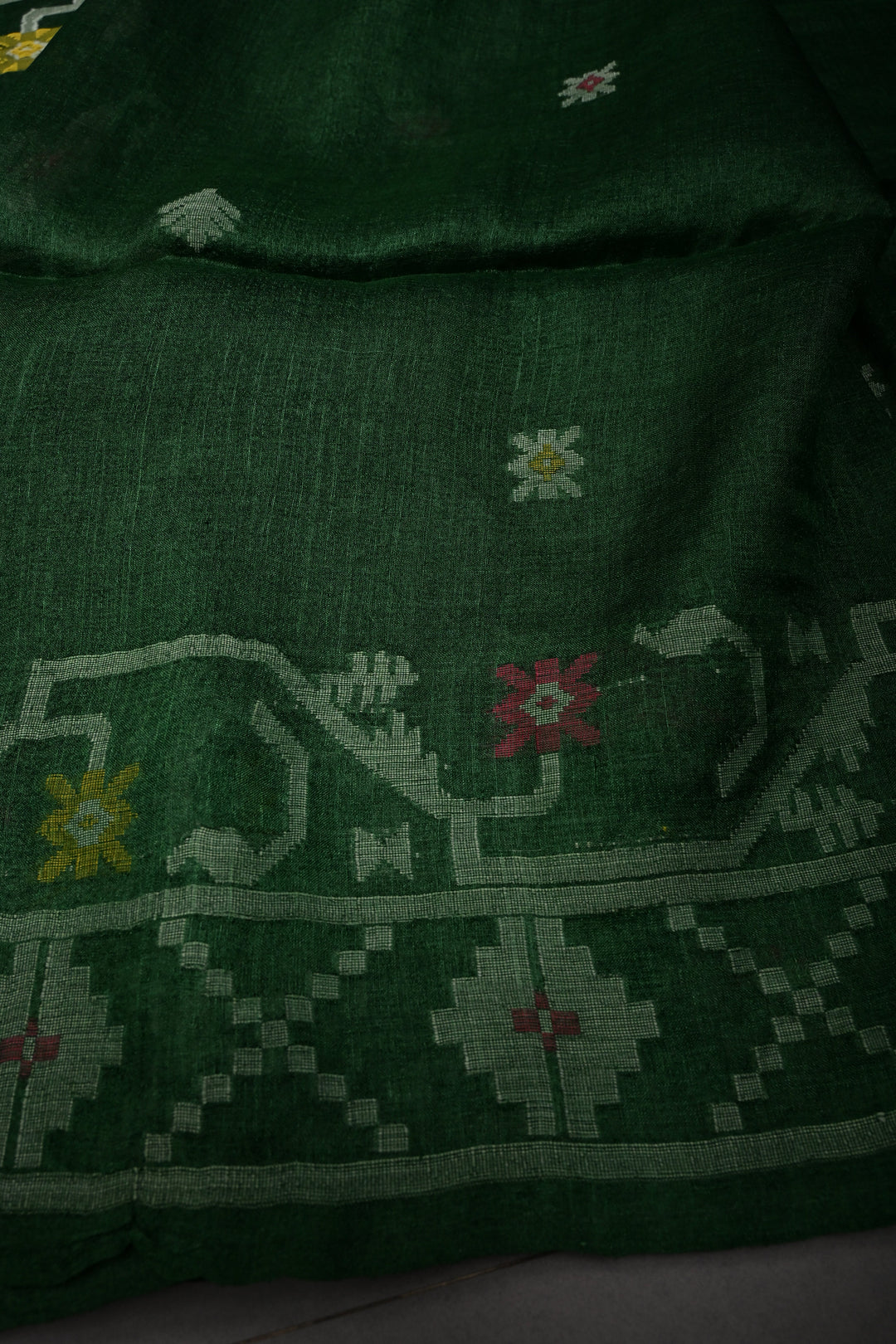 Bottle Green Tussar Silk Saree with Jamdani Weave Buttas and Border  | SILK MARK CERTIFIED