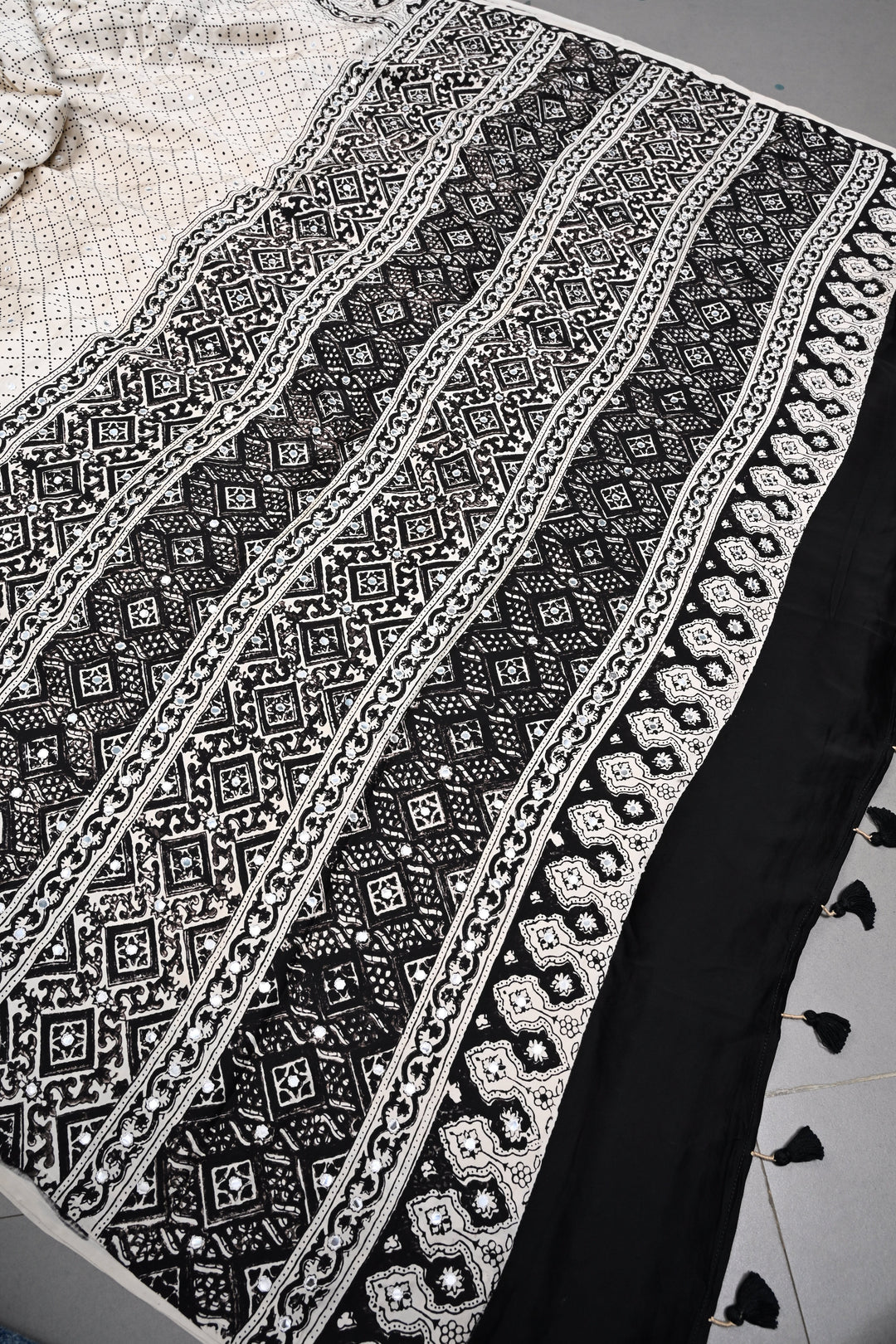 Tikki handwork on Ajrakh Modal Silk Saree in Ivory SHOBITAM
