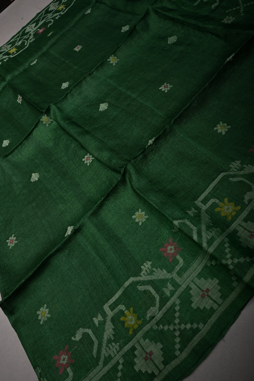 Bottle Green Tussar Silk Saree with Jamdani Weave Buttas and Border  | SILK MARK CERTIFIED