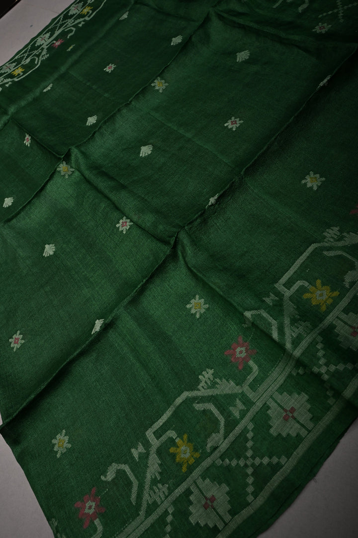Bottle Green Tussar Silk Saree with Jamdani Weave Buttas and Border  | SILK MARK CERTIFIED
