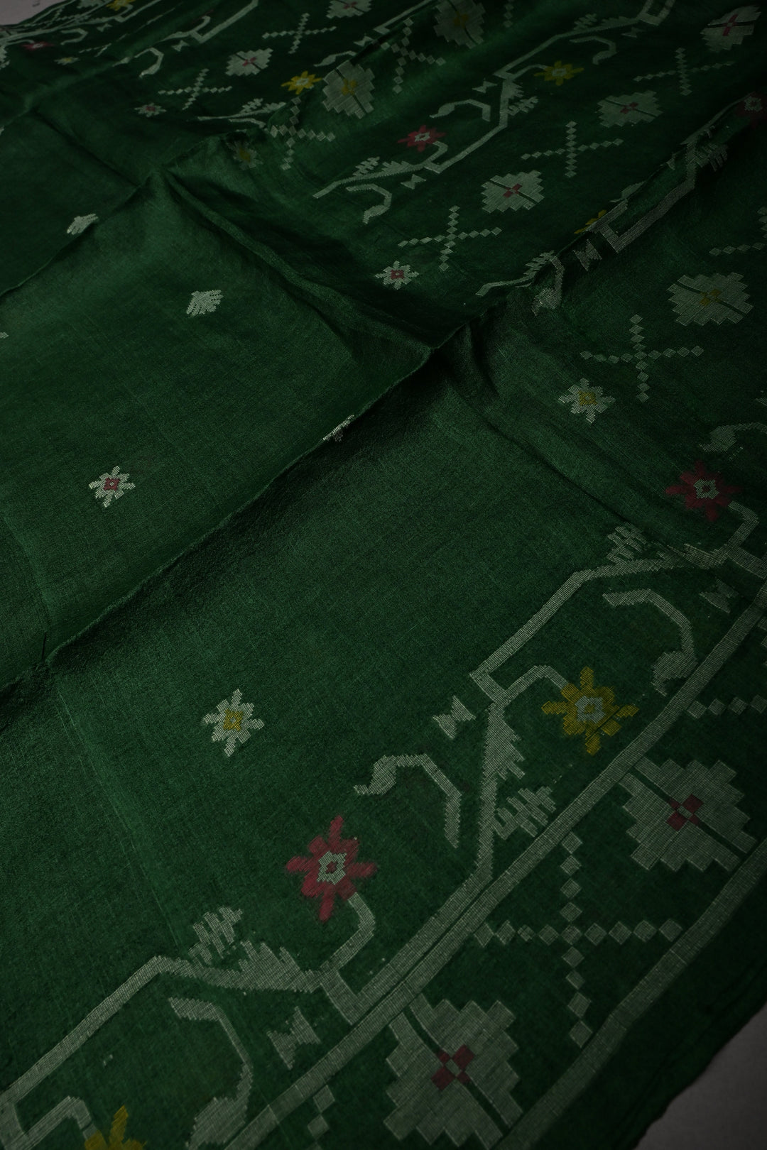 Bottle Green Tussar Silk Saree with Jamdani Weave Buttas and Border  | SILK MARK CERTIFIED