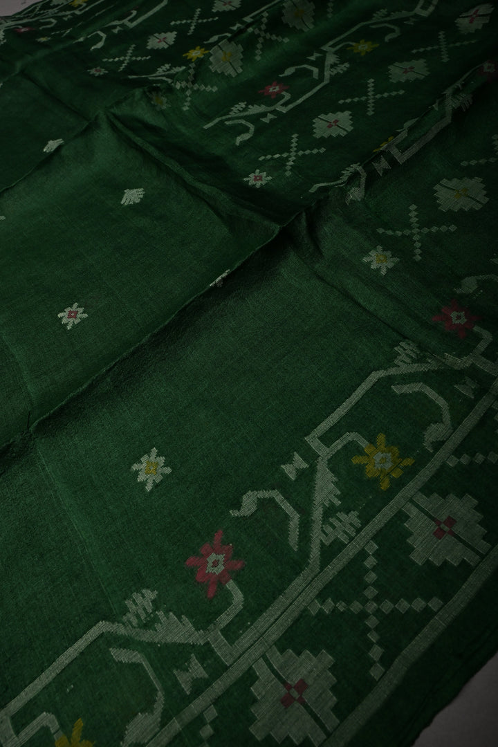 Bottle Green Tussar Silk Saree with Jamdani Weave Buttas and Border  | SILK MARK CERTIFIED