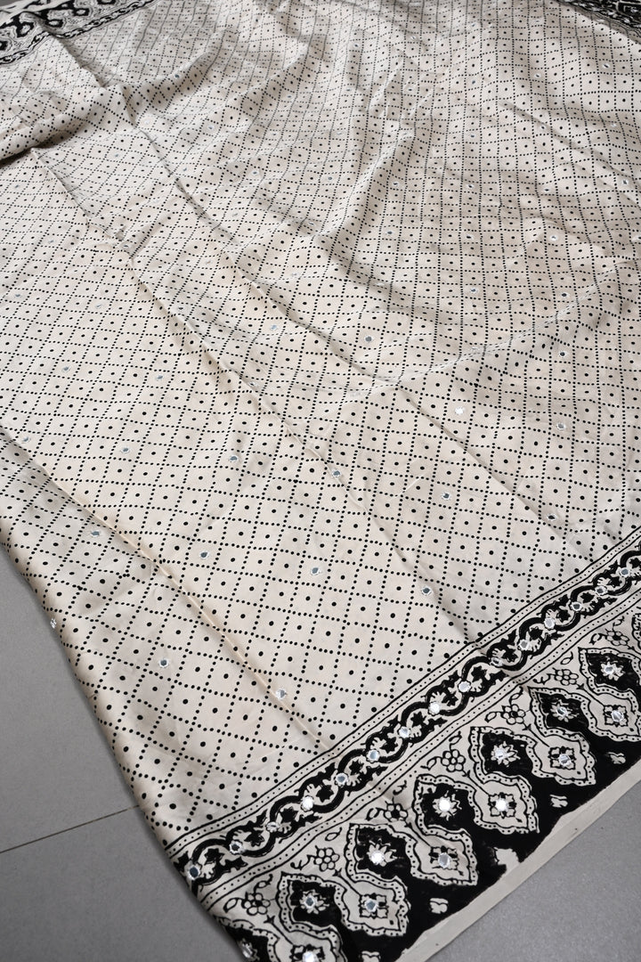 Tikki handwork on Ajrakh Modal Silk Saree in Ivory SHOBITAM