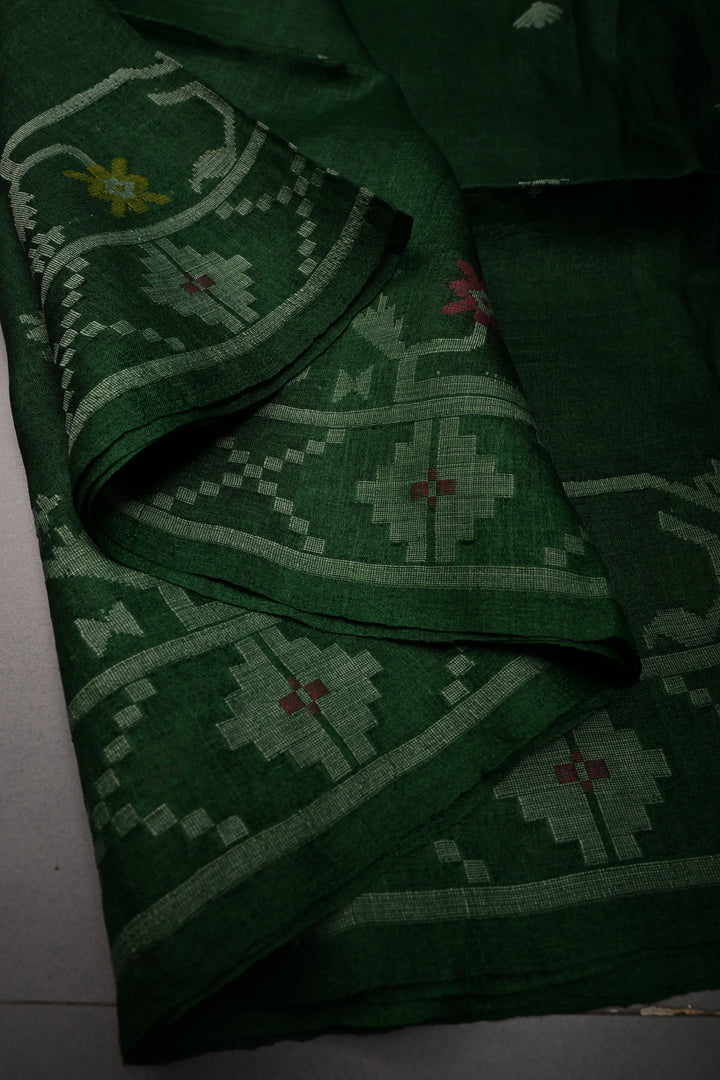 Bottle Green Tussar Silk Saree with Jamdani Weave Buttas and Border  | SILK MARK CERTIFIED
