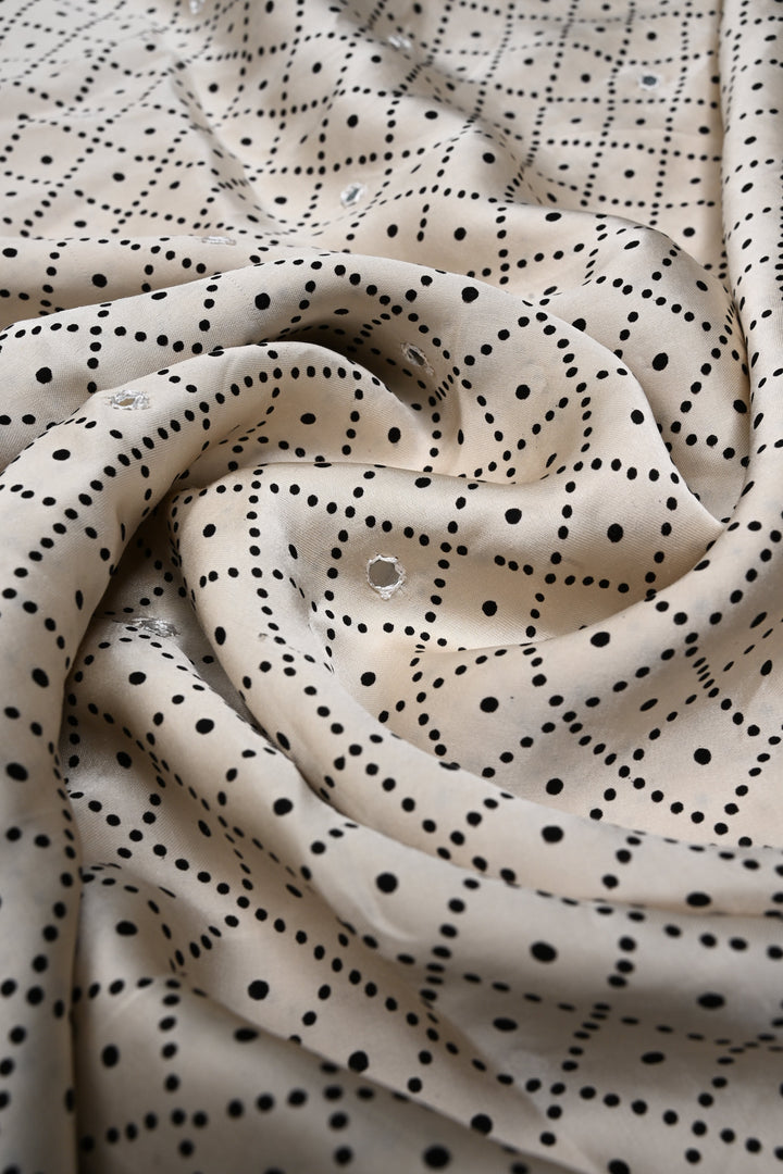 Tikki handwork on Ajrakh Modal Silk Saree in Ivory SHOBITAM