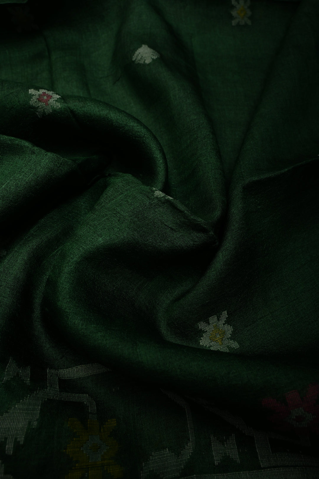 Bottle Green Tussar Silk Saree with Jamdani Weave Buttas and Border  | SILK MARK CERTIFIED