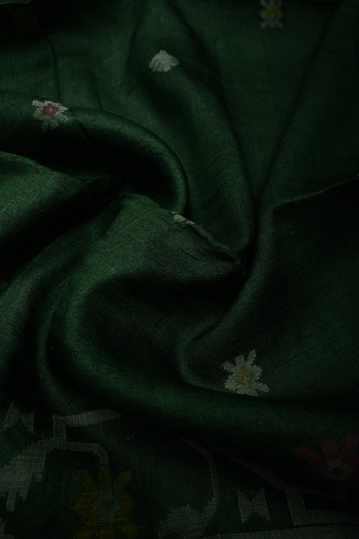 Bottle Green Tussar Silk Saree with Jamdani Weave Buttas and Border  | SILK MARK CERTIFIED
