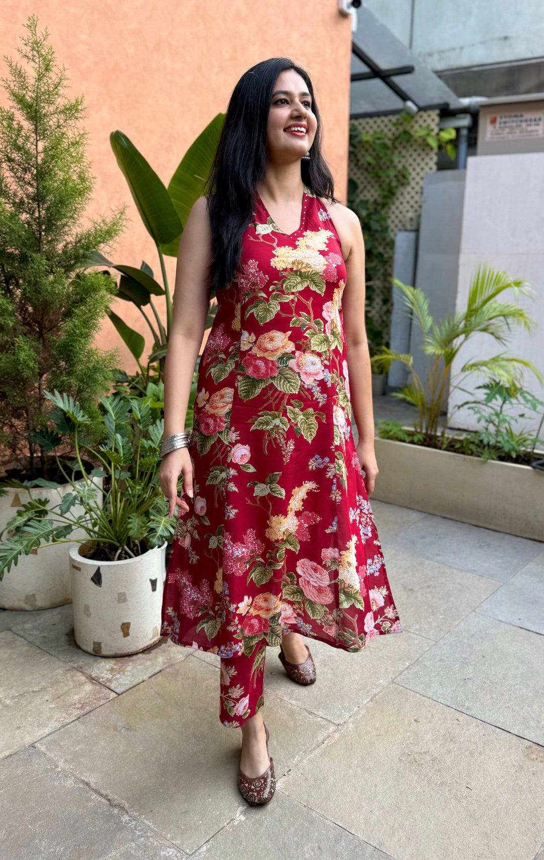 MERLOT Red Cotton Floral Printed Kurta Set Of 2