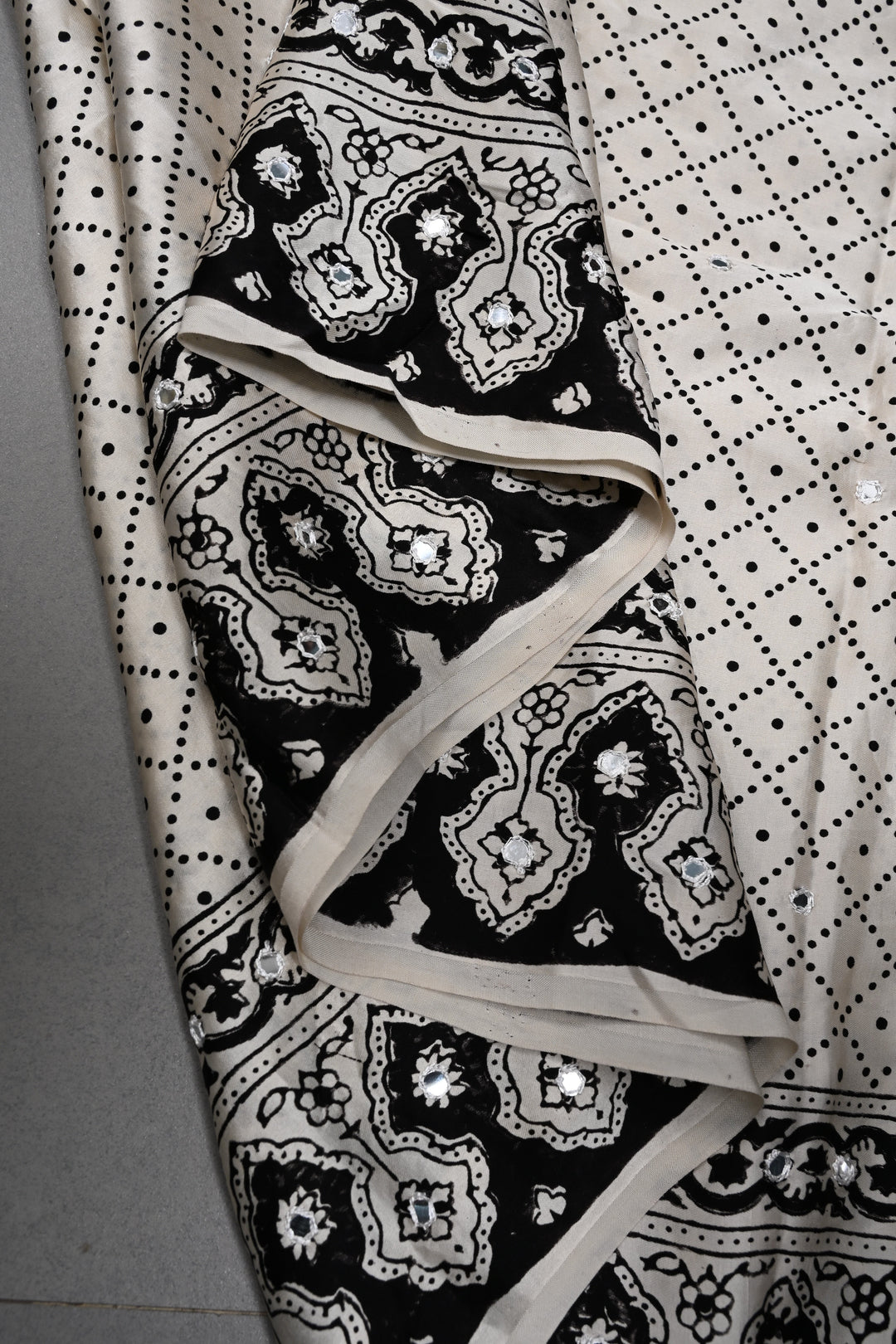 Tikki handwork on Ajrakh Modal Silk Saree in Ivory SHOBITAM