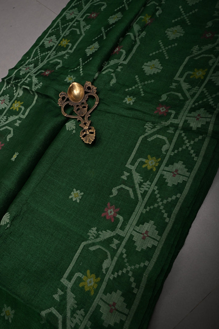 Bottle Green Tussar Silk Saree with Jamdani Weave Buttas and Border  | SILK MARK CERTIFIED