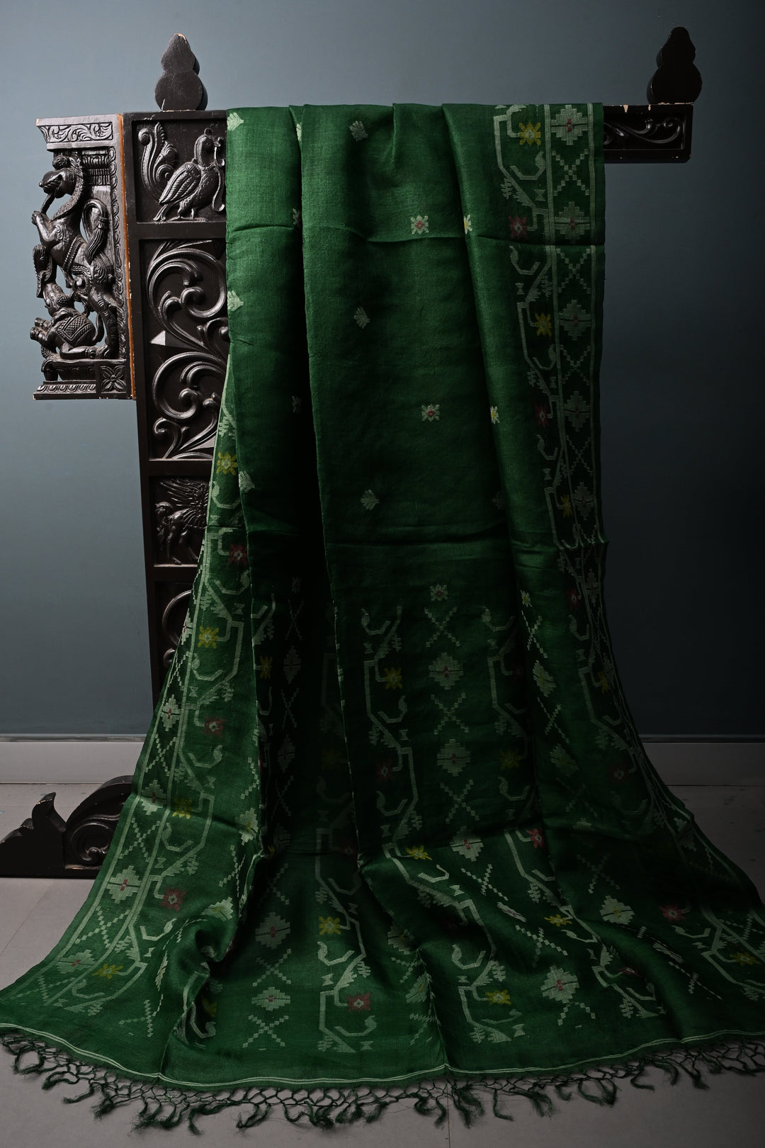 Bottle Green Tussar Silk Saree with Jamdani Weave Buttas and Border  | SILK MARK CERTIFIED