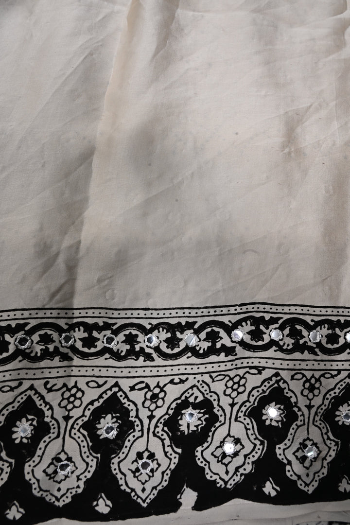Tikki handwork on Ajrakh Modal Silk Saree in Ivory SHOBITAM
