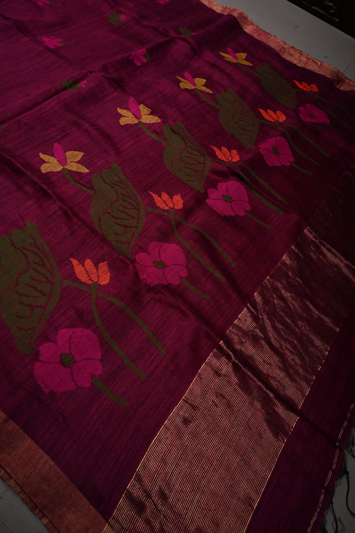 Magenta Matka Silk Saree with Jamdani Meenakari Weaving Buttas and Tissue Zari Border | SILK MARK CERTIFIED | SHOBITAM