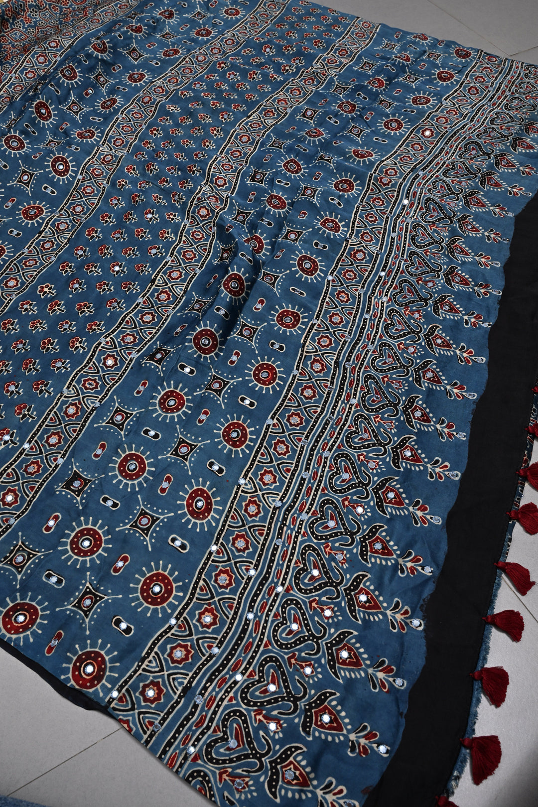 Tikki handwork on Ajrakh Modal Silk Saree in Blue| SHOBITAM