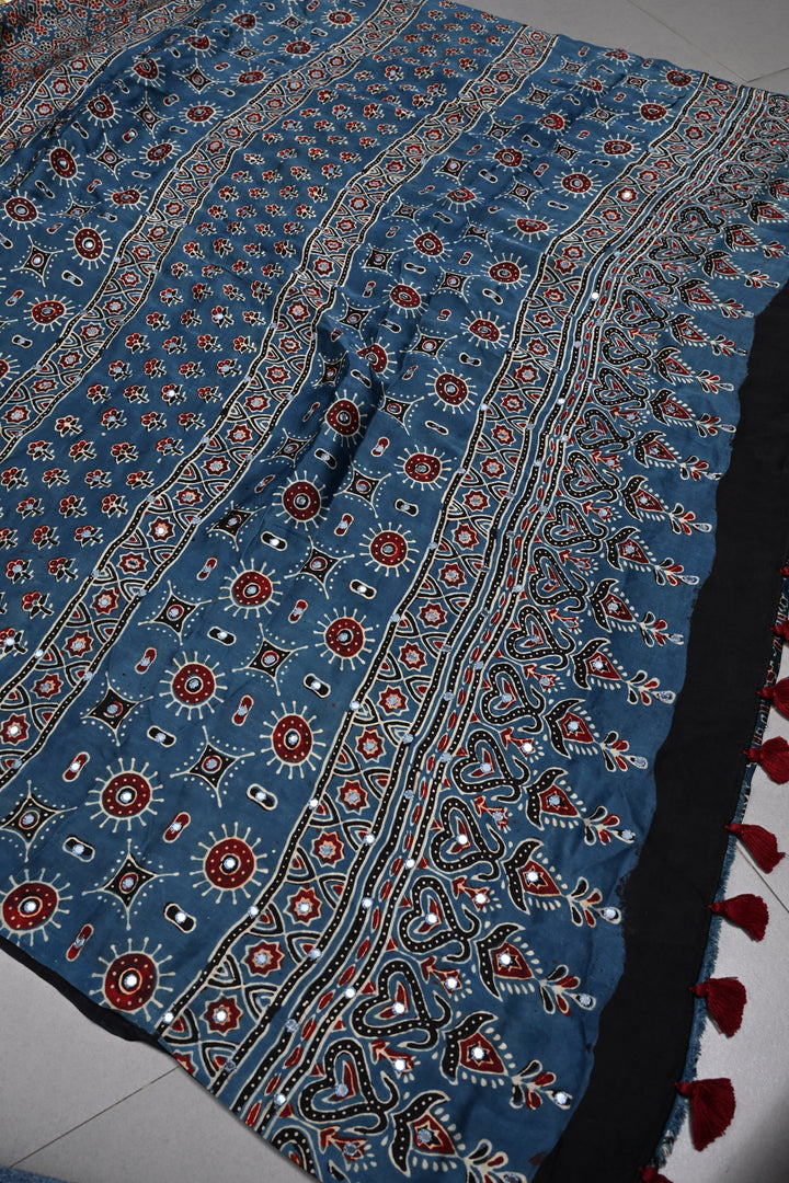 Tikki handwork on Ajrakh Modal Silk Saree in Blue| SHOBITAM