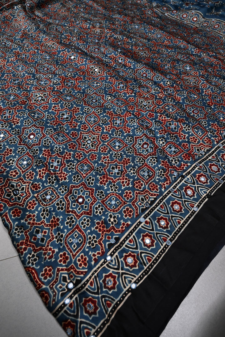 Tikki handwork on Ajrakh Modal Silk Saree in Blue| SHOBITAM
