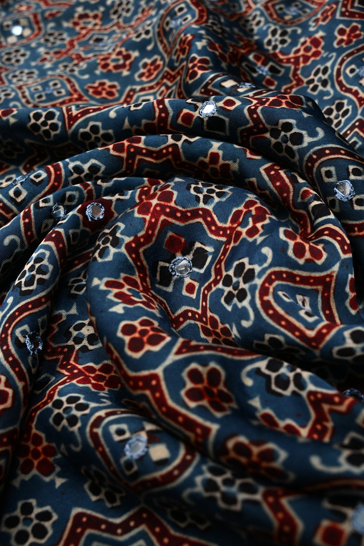 Tikki handwork on Ajrakh Modal Silk Saree in Blue| SHOBITAM