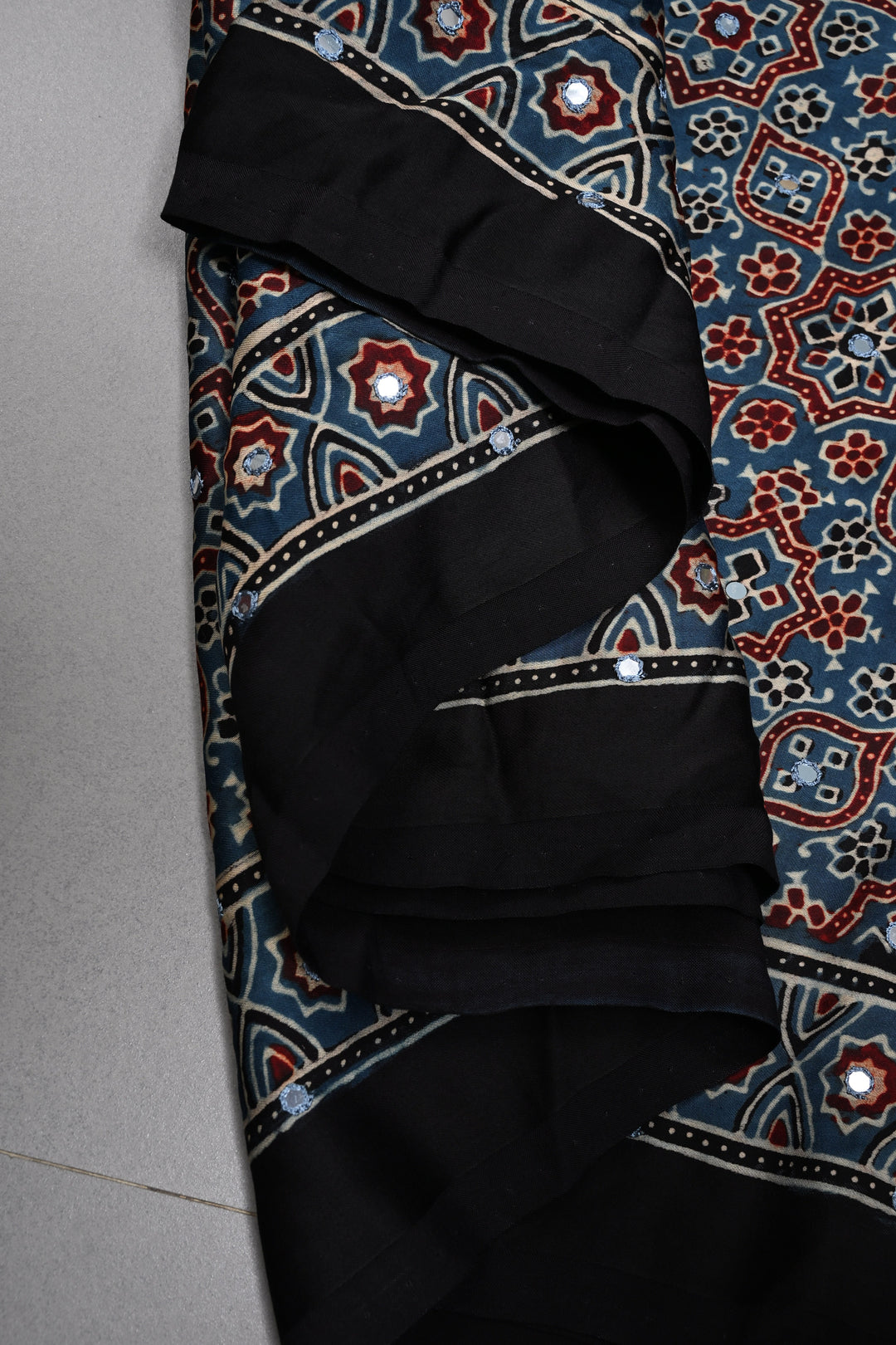 Tikki handwork on Ajrakh Modal Silk Saree in Blue| SHOBITAM