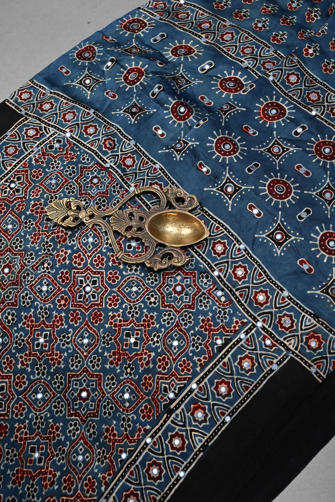 Tikki handwork on Ajrakh Modal Silk Saree in Blue| SHOBITAM