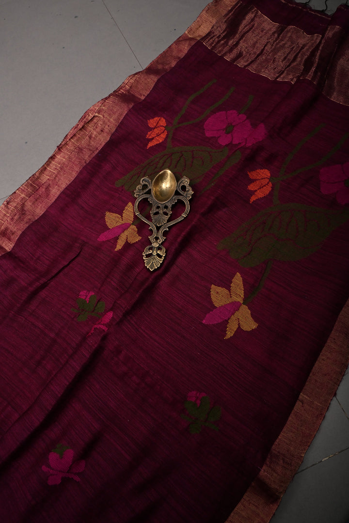 Magenta Matka Silk Saree with Jamdani Meenakari Weaving Buttas and Tissue Zari Border | SILK MARK CERTIFIED | SHOBITAM