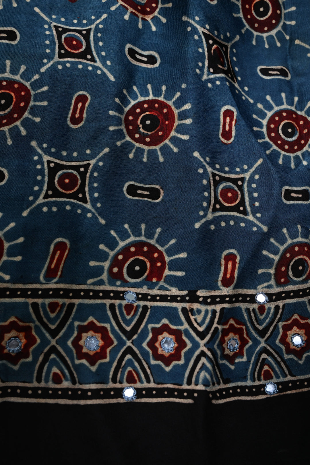 Tikki handwork on Ajrakh Modal Silk Saree in Blue| SHOBITAM