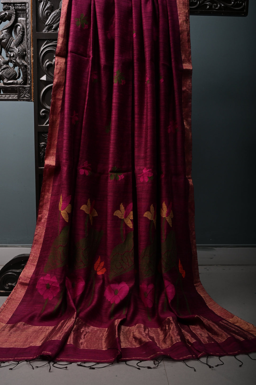 Magenta Matka Silk Saree with Jamdani Meenakari Weaving Buttas and Tissue Zari Border | SILK MARK CERTIFIED | SHOBITAM