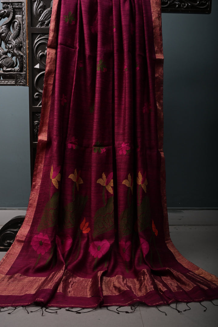 Magenta Matka Silk Saree with Jamdani Meenakari Weaving Buttas and Tissue Zari Border | SILK MARK CERTIFIED | SHOBITAM