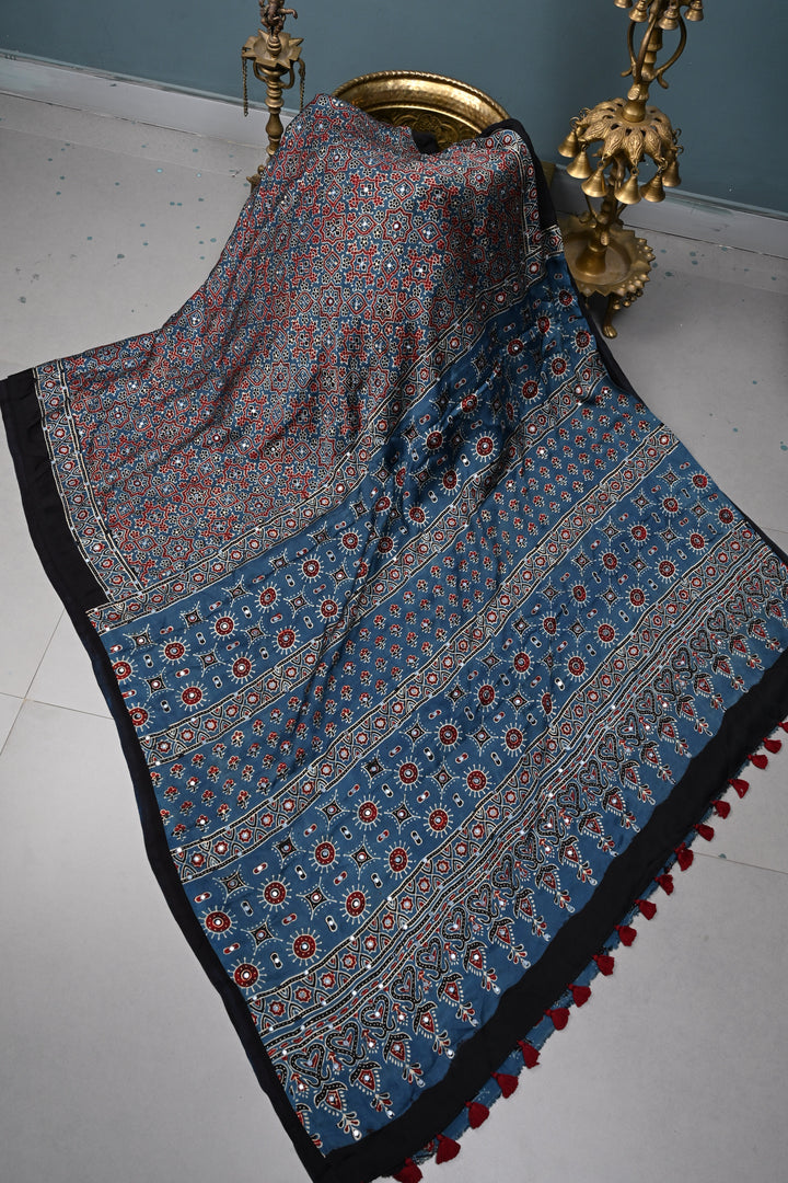 Tikki handwork on Ajrakh Modal Silk Saree in Blue| SHOBITAM