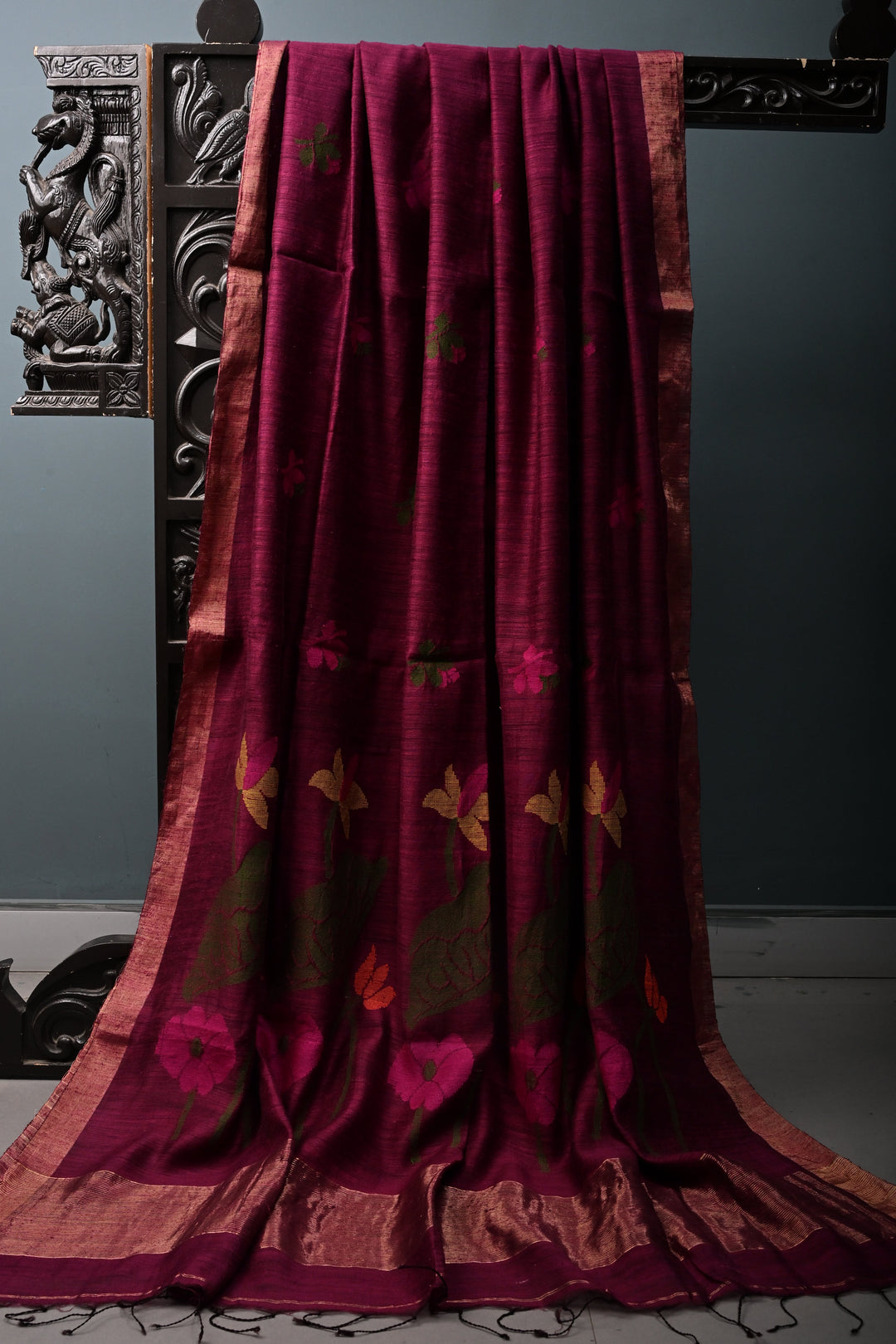 Magenta Matka Silk Saree with Jamdani Meenakari Weaving Buttas and Tissue Zari Border | SILK MARK CERTIFIED | SHOBITAM