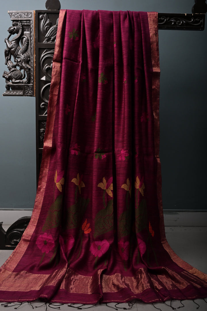 Magenta Matka Silk Saree with Jamdani Meenakari Weaving Buttas and Tissue Zari Border | SILK MARK CERTIFIED | SHOBITAM